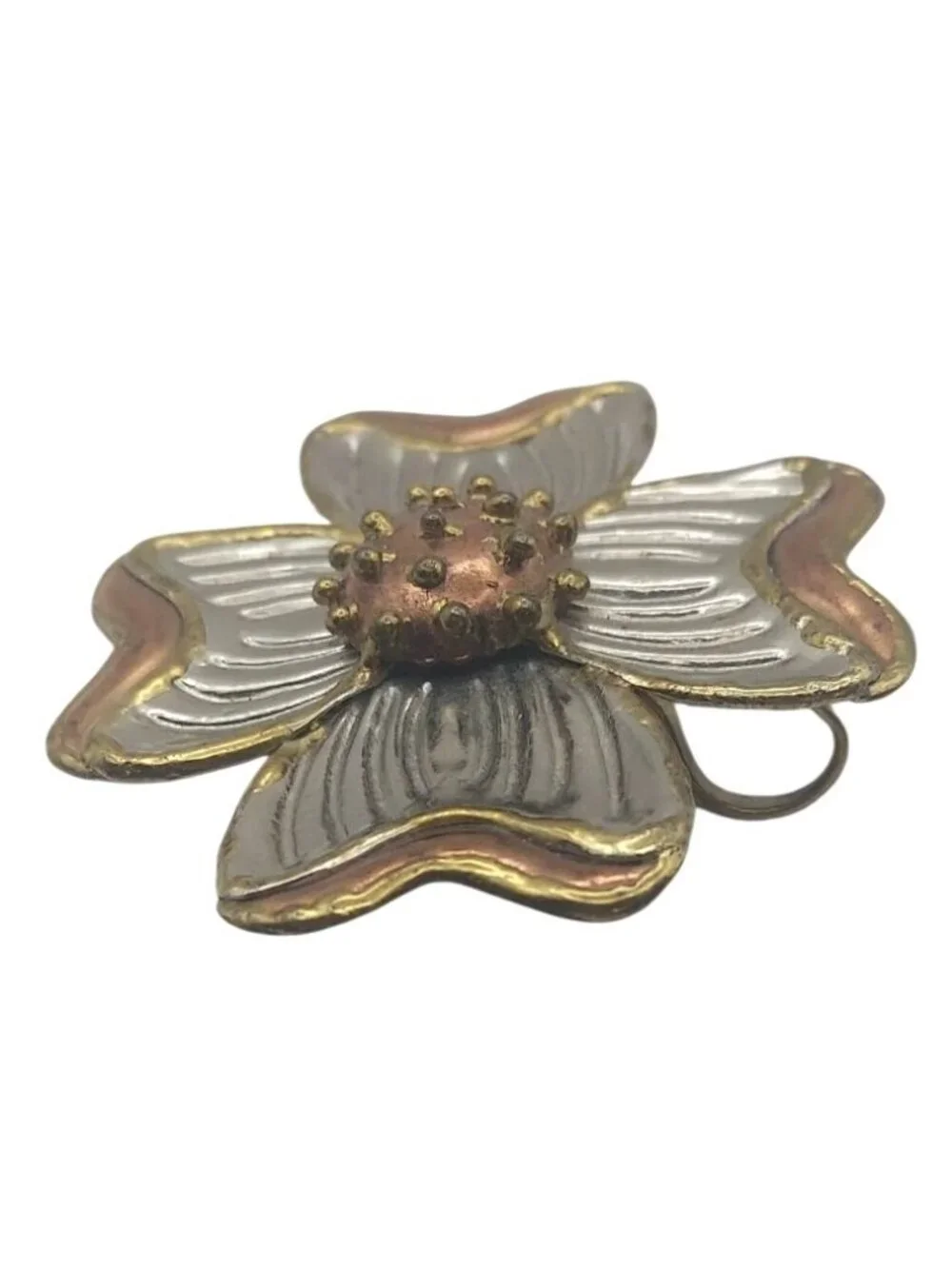 Brutalist Dogwood Flower Three Tone Metal Brooch Pin Pendant Signed SJ Vintage